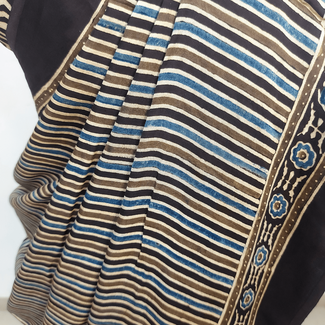 PATTERNED AJRAKH HAND BLOCK PRINTED MODAL SILK SAREE – Handmade Bandhani Saree in Gajji/Modal Silk | Aj Designs