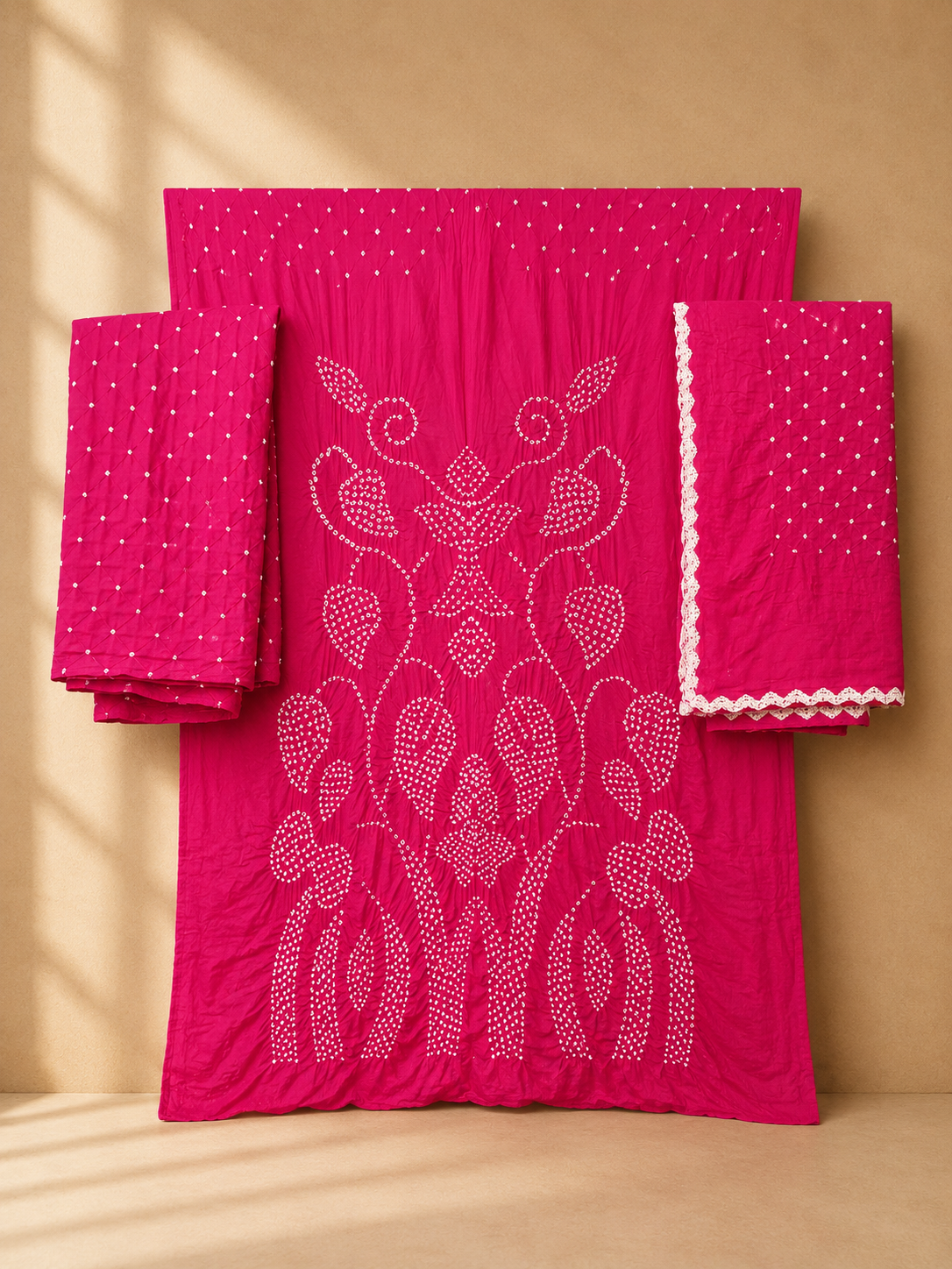 Pink Raidana Design Cotton Satin Bandhani Dress Material with top, bottom and dupatta