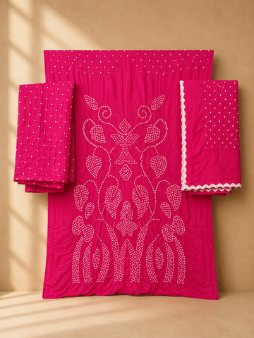 Pink Raidana Design Cotton Satin Bandhani Dress Material with top, bottom and dupatta