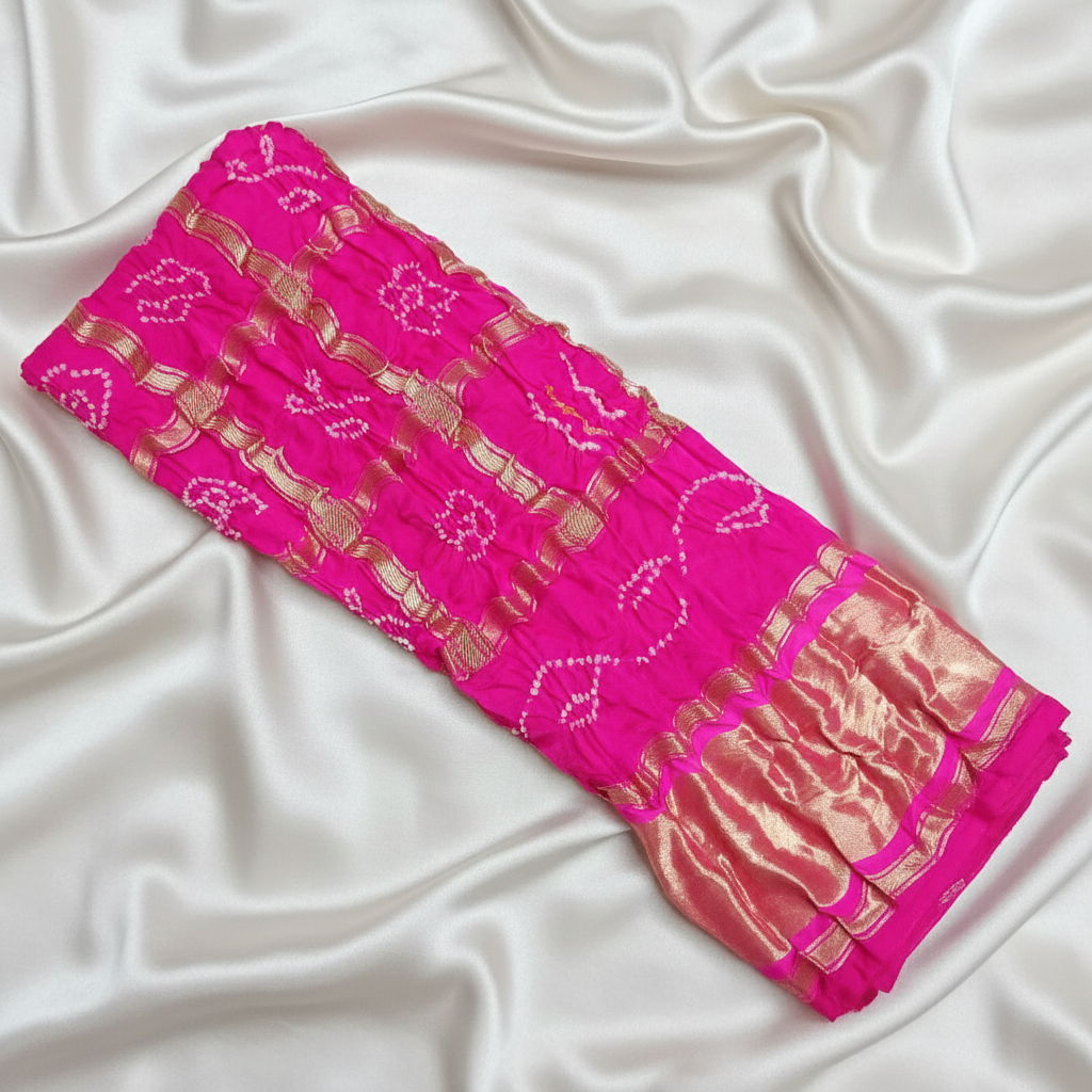 pure gajji silk pink gharchola bandhani blouse piece flat lay on white fabric