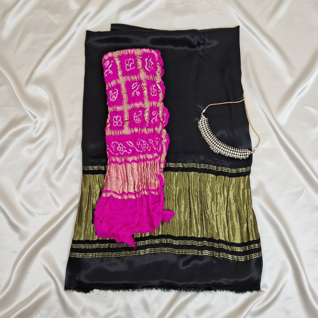 flat lay plain black saree with pink gharchola bandhani blouse piece on it on offwhite satin background