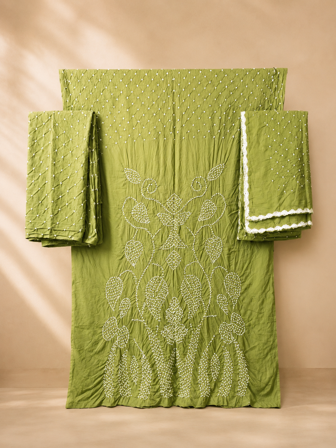 Pista Raidana Design Cotton Satin Bandhani Dress Material with top, bottom and dupatta
