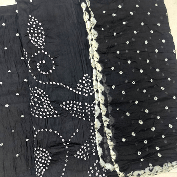 Black - Raidana Bandhani Dress Material – Handmade Bandhani Saree in Gajji/Modal Silk Closeup Design