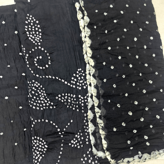 Black - Raidana Bandhani Dress Material – Handmade Bandhani Saree in Gajji/Modal Silk Closeup Design