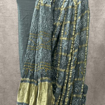 Pure Gaji Silk Gray Gharchola Bandhani Saree Pallu Design Closeup