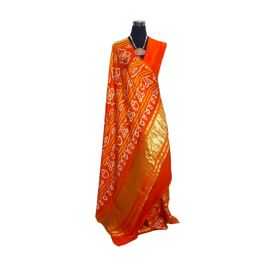 Orange Kavya Gharchola Saree – Handmade Bandhani Saree in Gajji/Modal Silk Front View with Pallu