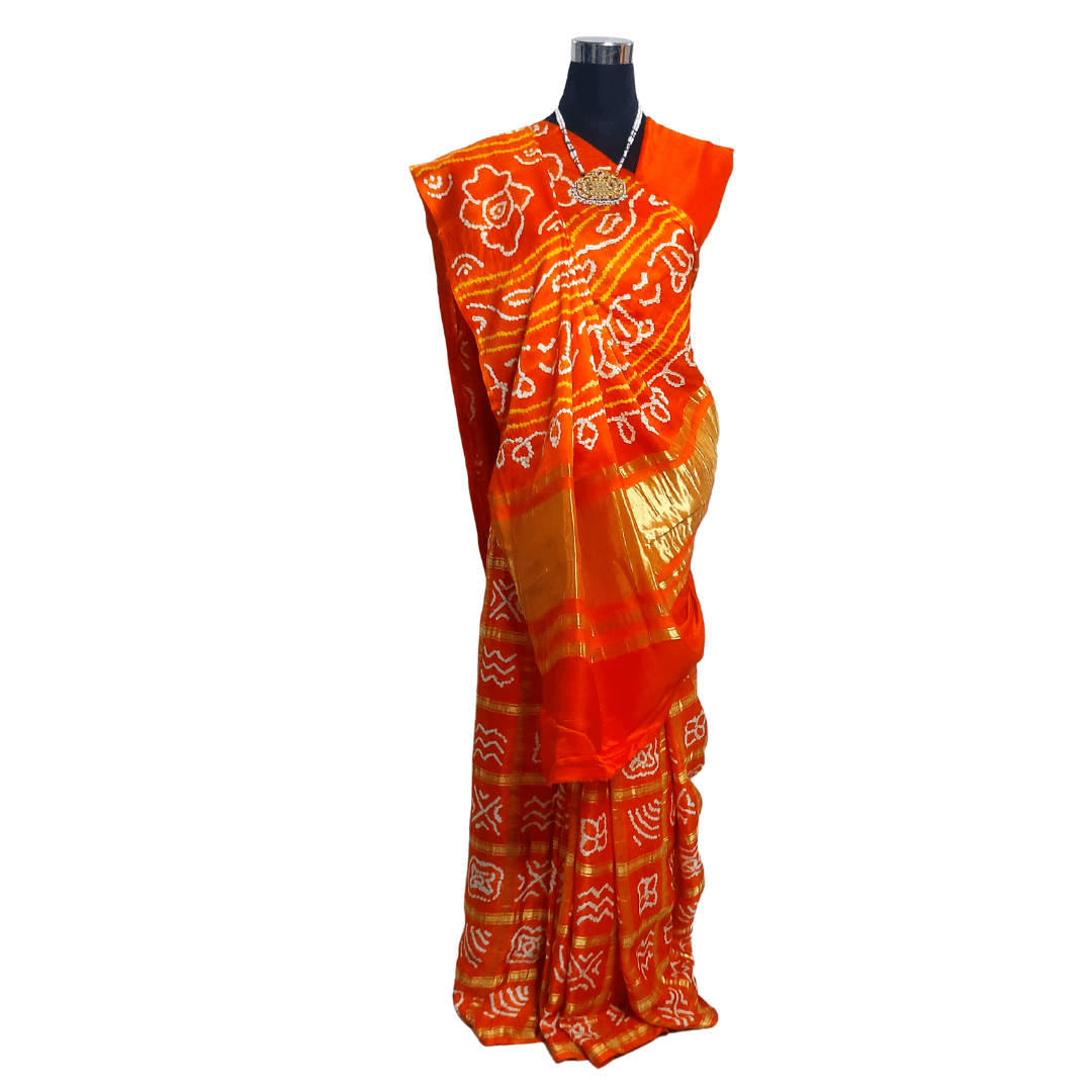 Orange Kavya Gharchola Saree – Handmade Bandhani Saree in Gajji/Modal Silk Front Pallu Design