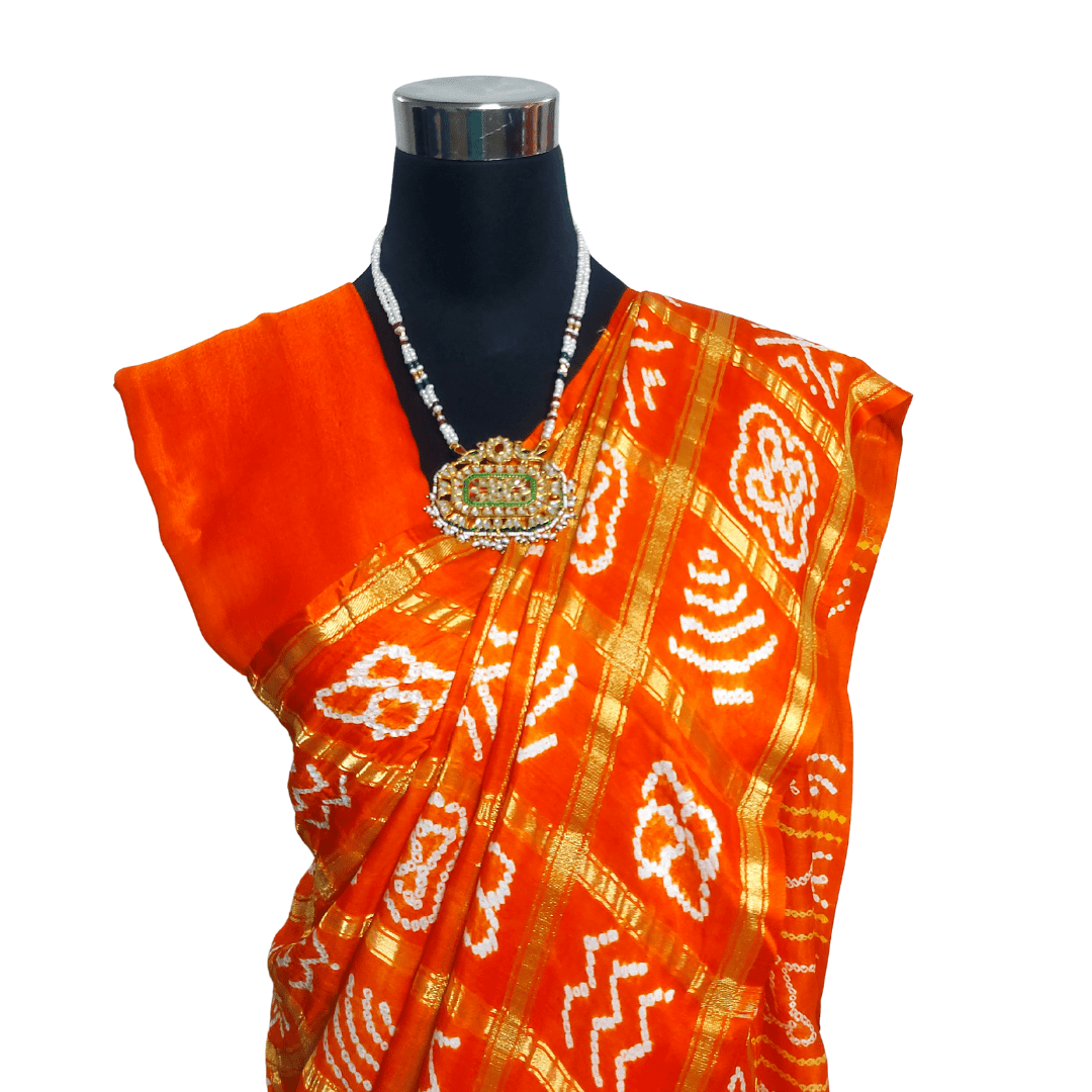 Orange Kavya Gharchola Saree – Handmade Bandhani Saree in Gajji/Modal Silk Front Top View Closeup