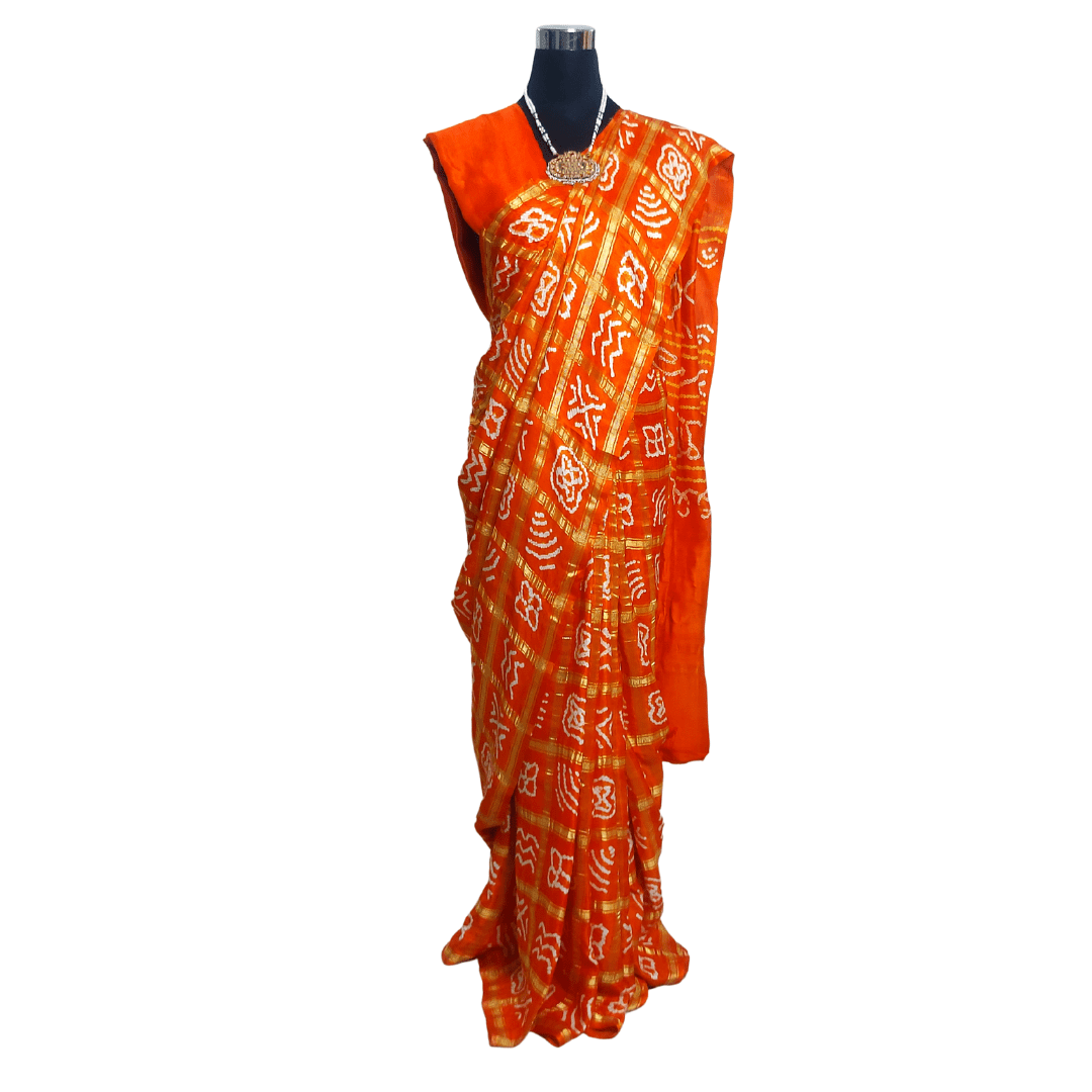 Orange Kavya Gharchola Saree – Handmade Bandhani Saree in Gajji/Modal Silk Full View