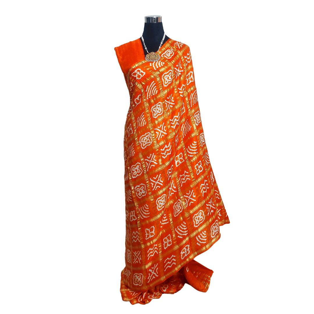Orange Kavya Gharchola Saree – Handmade Bandhani Saree in Gajji/Modal Silk Pallu
