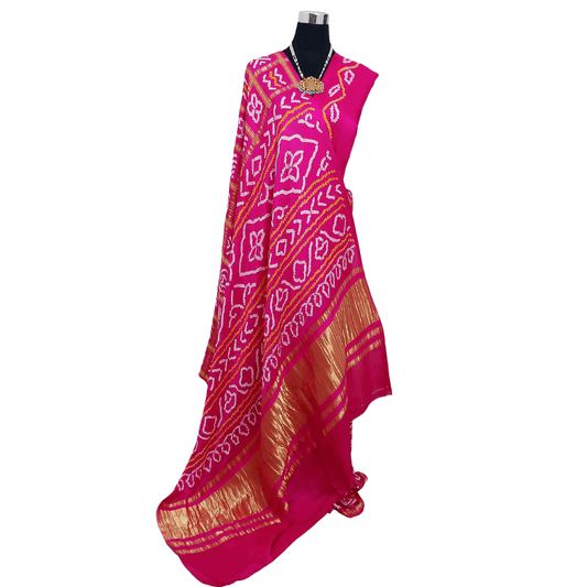 Pink Kavya Gharchola Saree – Handmade Bandhani Saree in Gajji/Modal Silk Front with Pallu