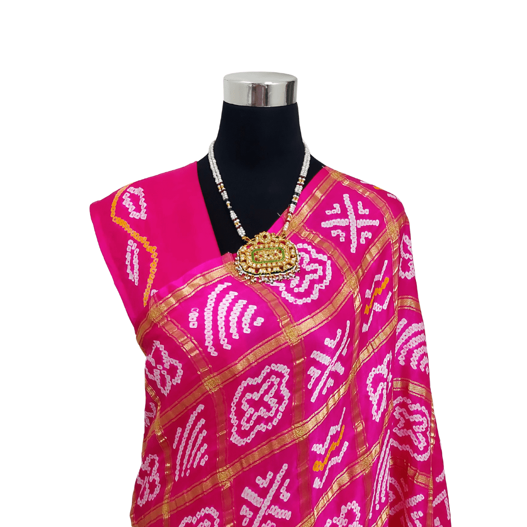 Pink Kavya Gharchola Saree – Handmade Bandhani Saree in Gajji/Modal Silk Top Design Closeup