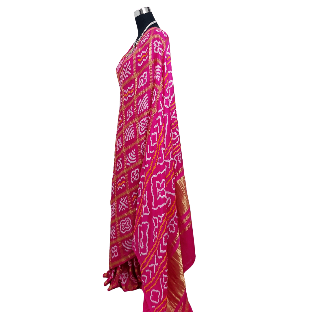 Pink Kavya Gharchola Saree – Handmade Bandhani Saree in Gajji/Modal Silk Side View with Pallu
