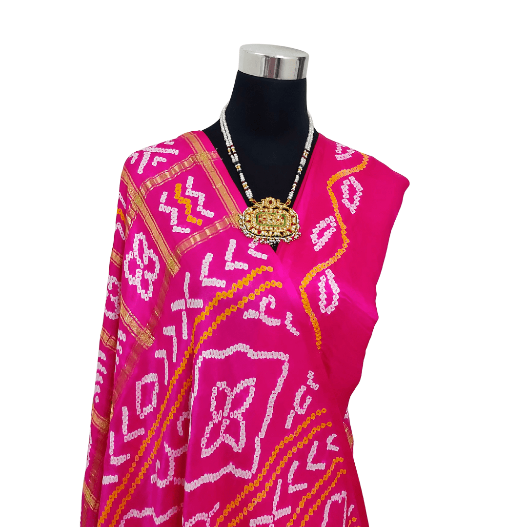 Pink Kavya Gharchola Saree – Handmade Bandhani Saree in Gajji/Modal Silk Pallu Design Closeup
