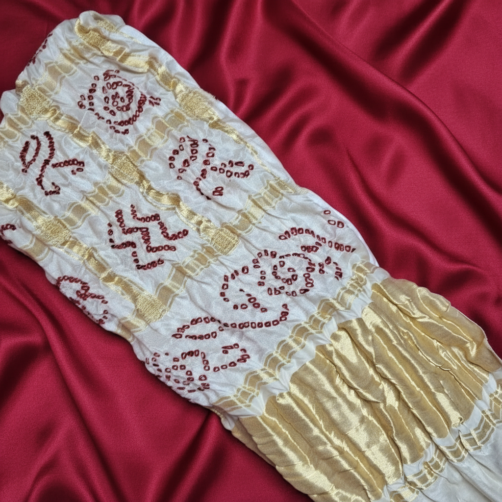 White Red Gajji silk gharchola blouse piece on red background