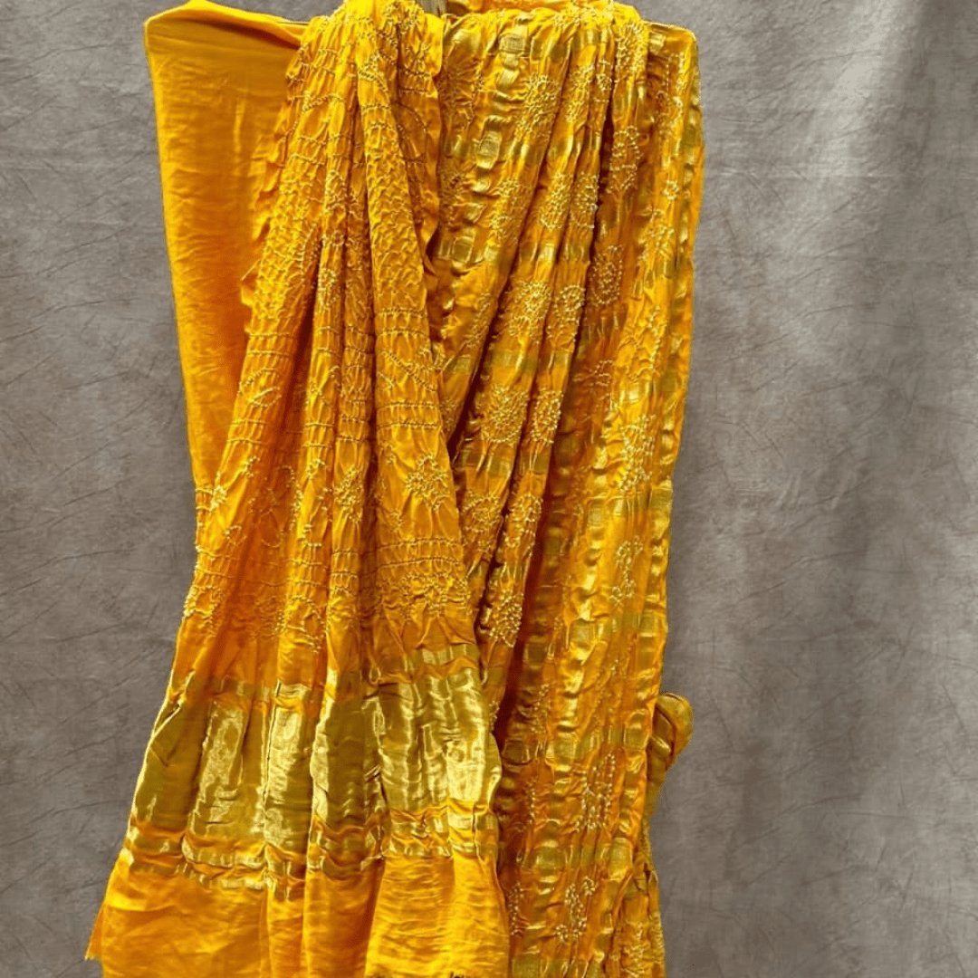 Yellow Kavya Gharchola Saree – Handmade Bandhani Saree in Gajji/Modal Silk Bandhani Design