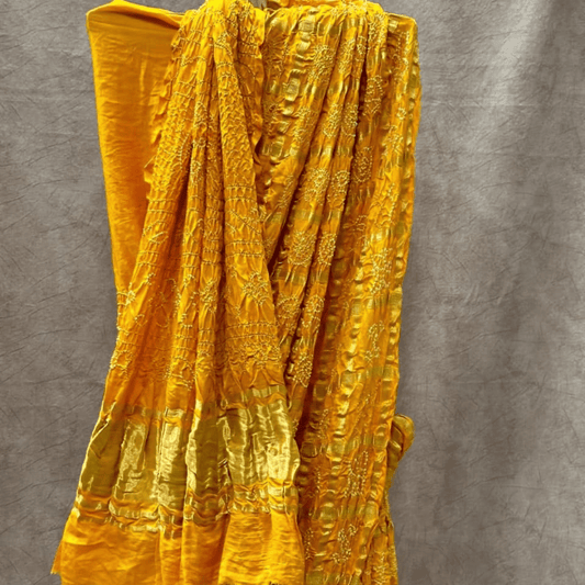 Yellow Kavya Gharchola Saree – Handmade Bandhani Saree in Gajji/Modal Silk Bandhani Design