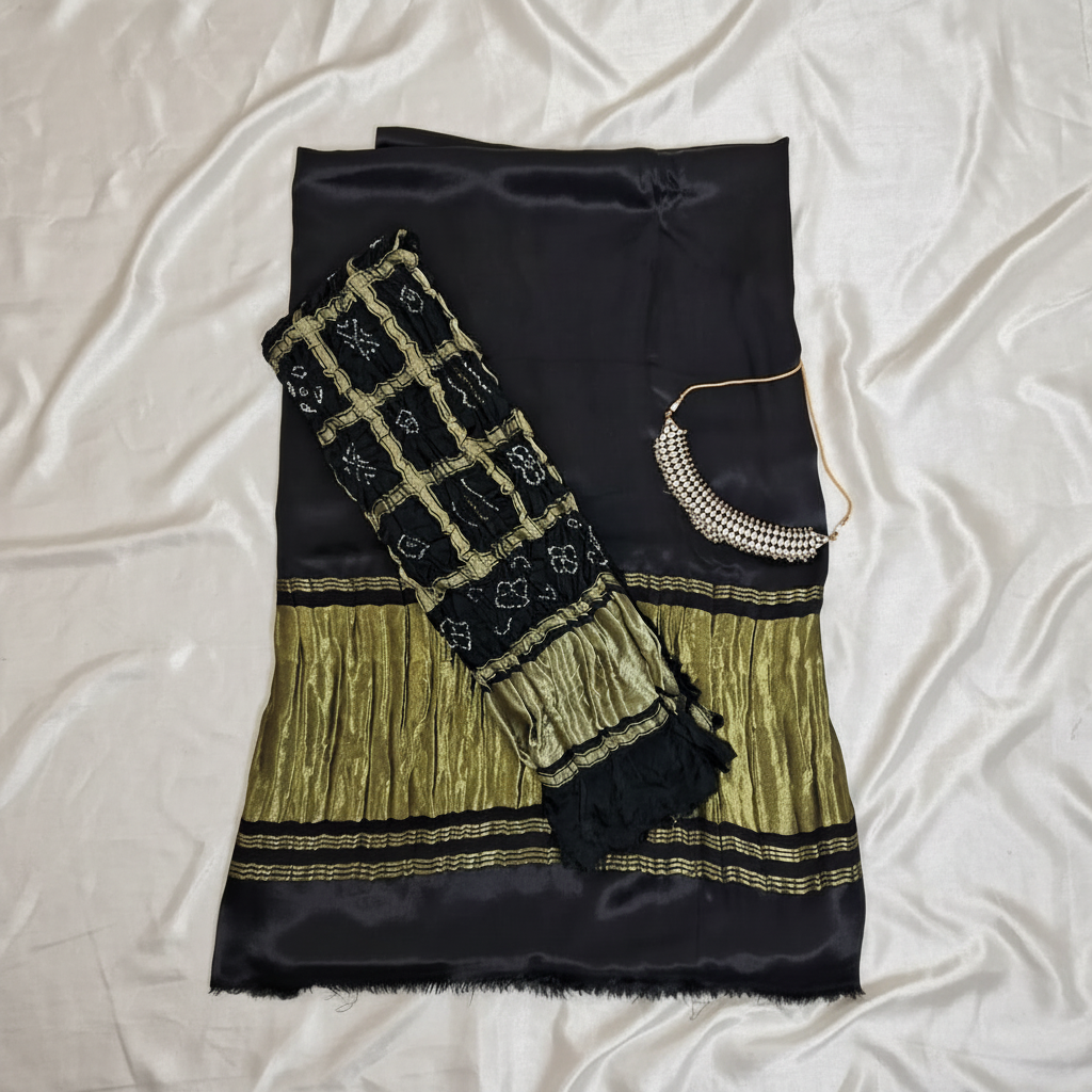 flat lay plain saree with black gharchola bandhani blouse piece on it on offwhite satin background