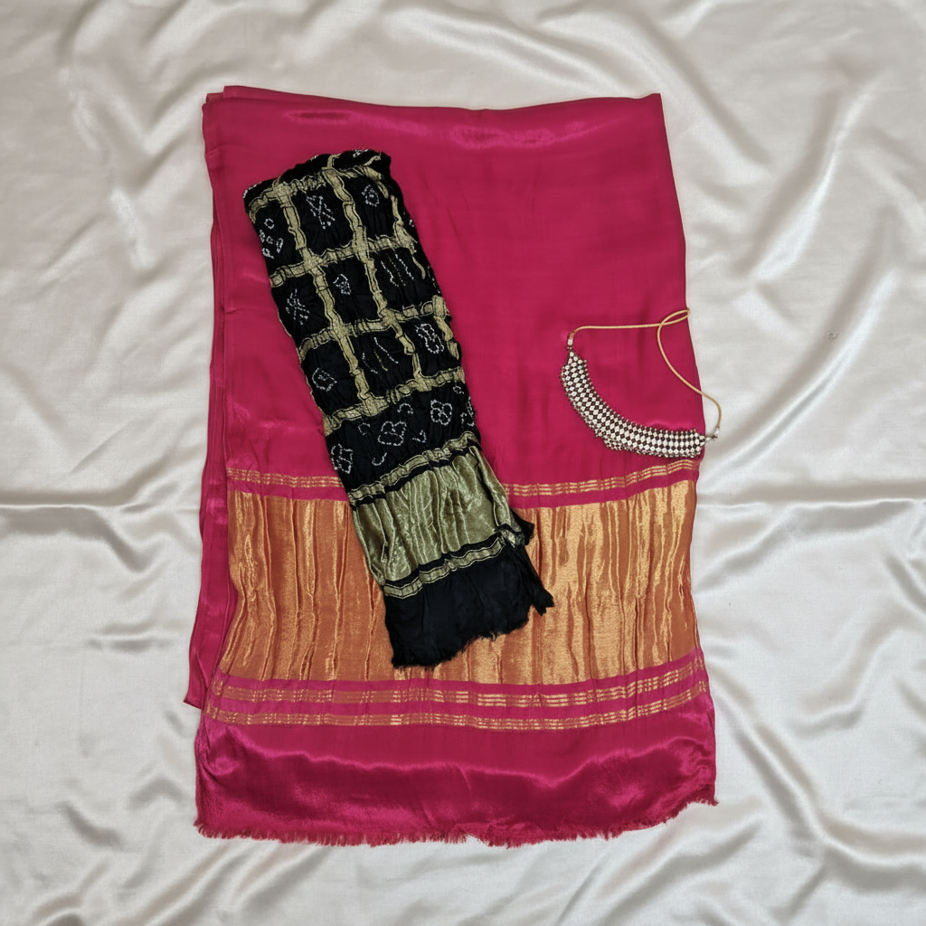 flat lay plain saree with black gharchola bandhani blouse piece on it on offwhite satin background