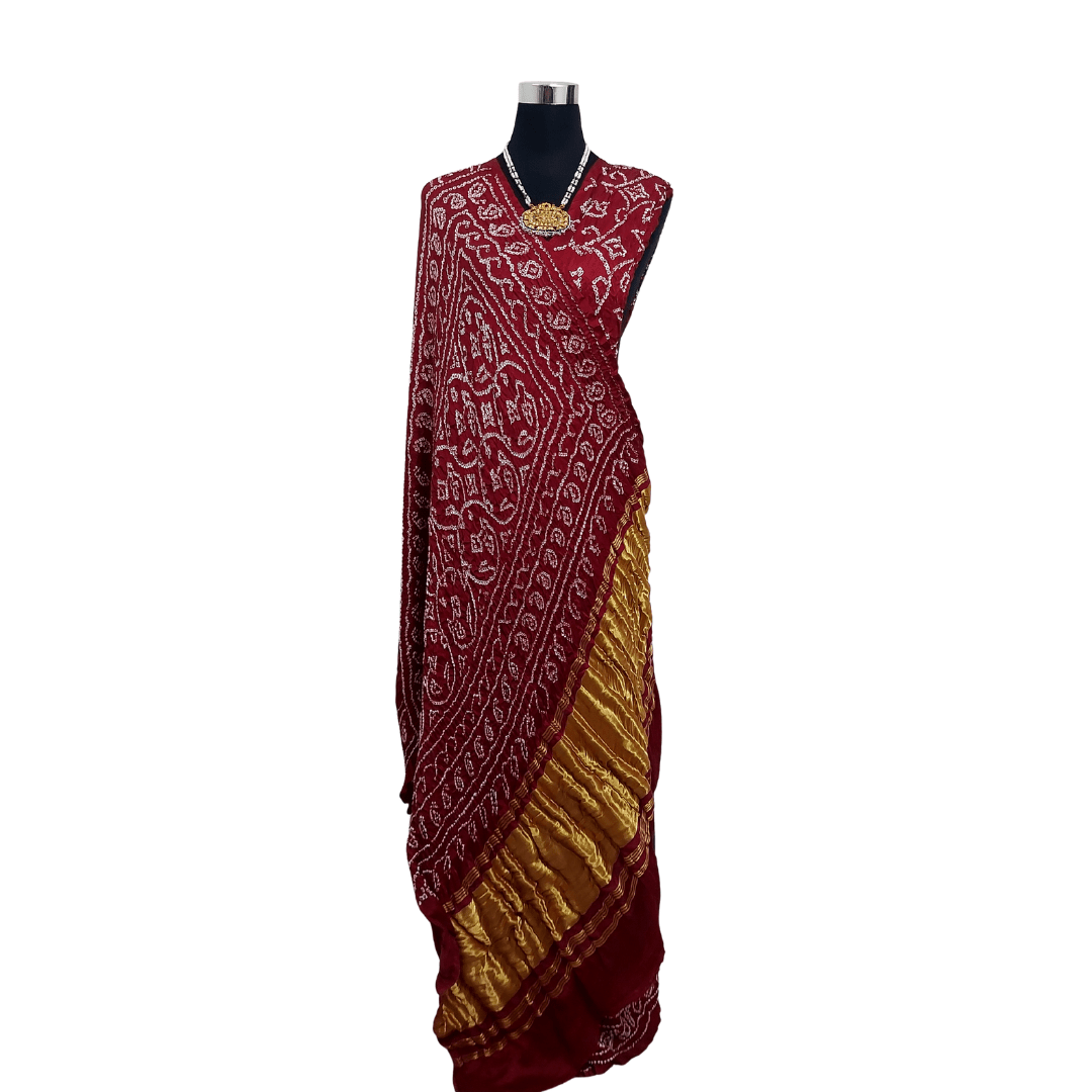 PURPLE MAROON - TRADITIONALBANDHANI SAREE – Handmade Bandhani Saree in Gajji or Modal Silk Draped on Manequin