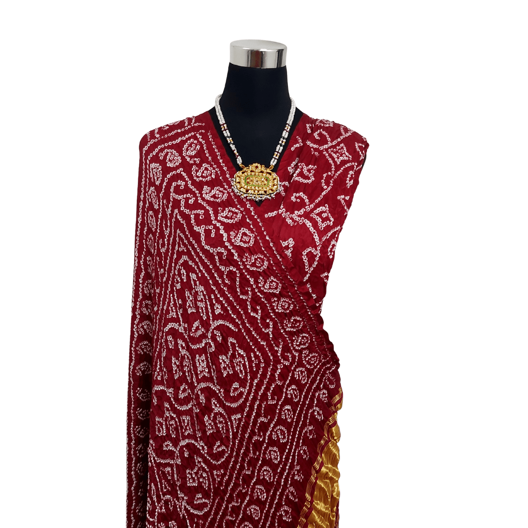 PURPLE MAROON - TRADITIONALBANDHANI SAREE – Handmade Bandhani Saree in Gajji Modal Silk Front Look Closeup