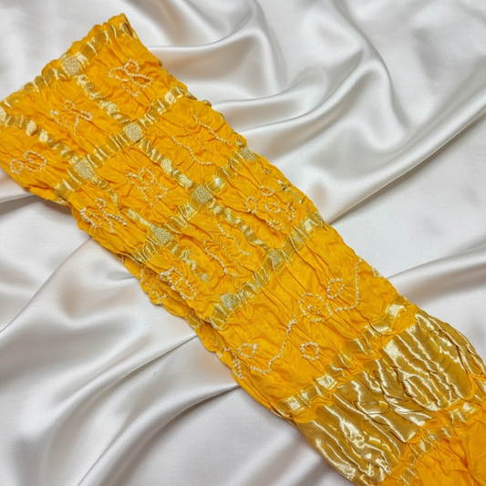 pure gajji silk gharchola bandhani blouse piece flat lay on white fabric
