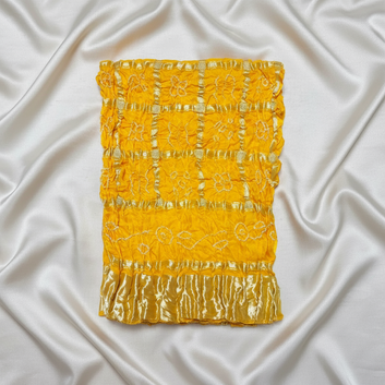 pure gajji silk gharchola bandhani blouse piece broder flat lay on white background