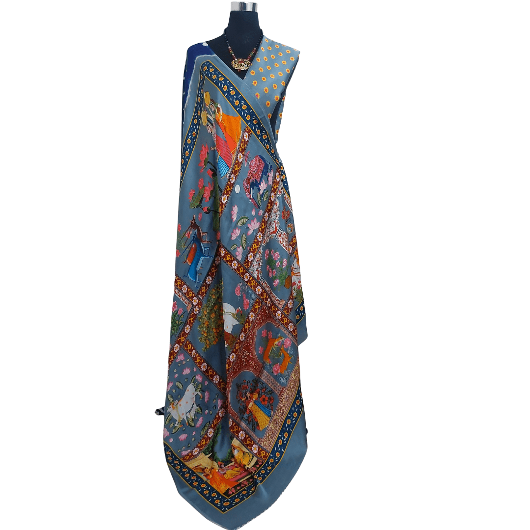 BLUE GRAY PICHWAI BANDHANI SAREE – Handmade Bandhani Saree in Gajji/Modal Silk Front Side with Pallu