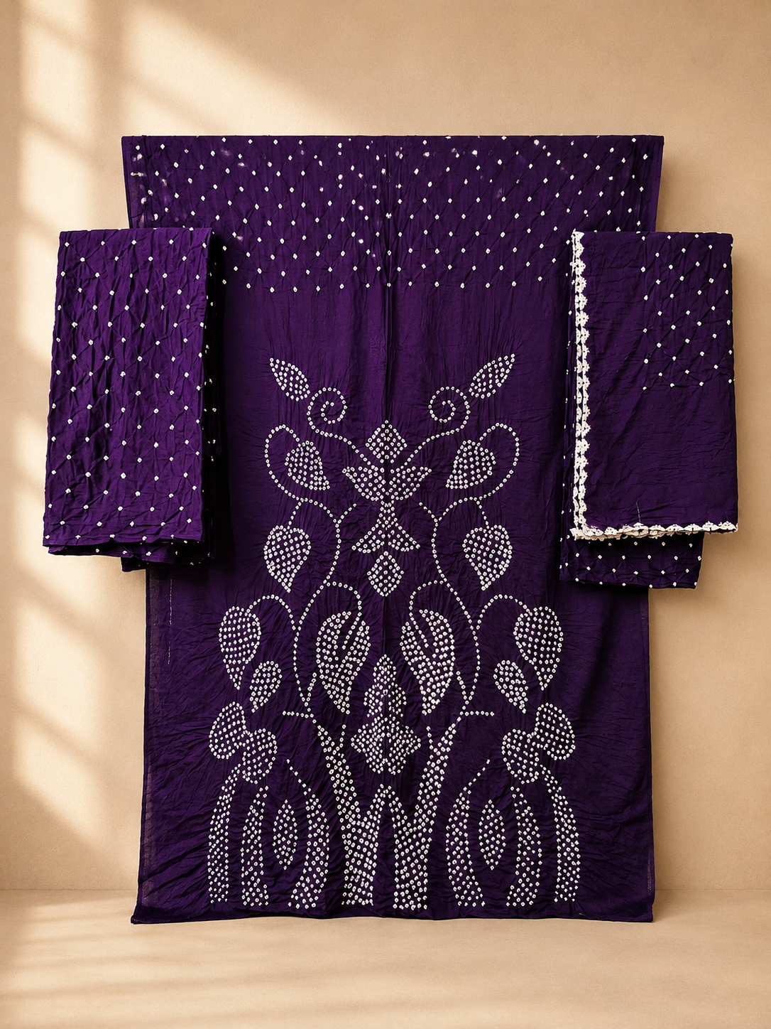 Purple Raidana Design Cotton Satin Bandhani Dress Material with top, bottom and dupatta