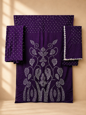 Purple Raidana Design Cotton Satin Bandhani Dress Material with top, bottom and dupatta
