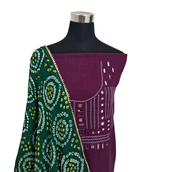 Exclusive Purple Kala Cotton Handwork Kurti with Bandhani Dupatta