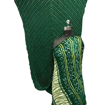 Rai Bandhej Gajji Silk Zari Pallu Green Saree – Handmade Bandhani Saree in Gajji/Modal Silk | Aj Designs