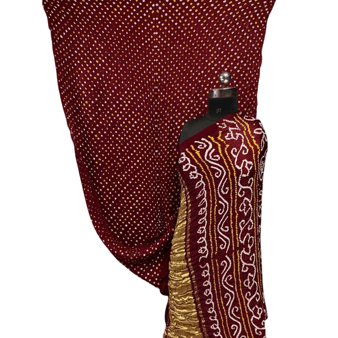 Rai Bandhej Gajji Silk Zari Pallu Maroon Saree – Handmade Bandhani Saree in Gajji/Modal Silk | Aj Designs