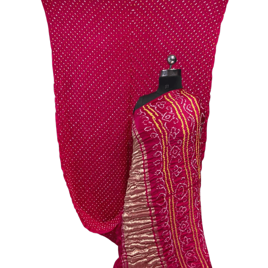 Rai Bandhej Gajji Silk Zari Pallu Pink Saree – Handmade Bandhani Saree in Gajji/Modal Silk | Aj Designs