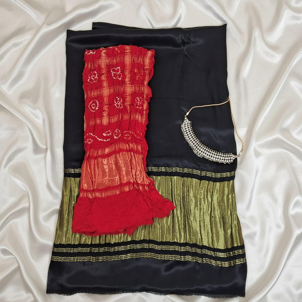 flat lay black saree with red gharchola bandhani blouse piece on it on offwhite satin background
