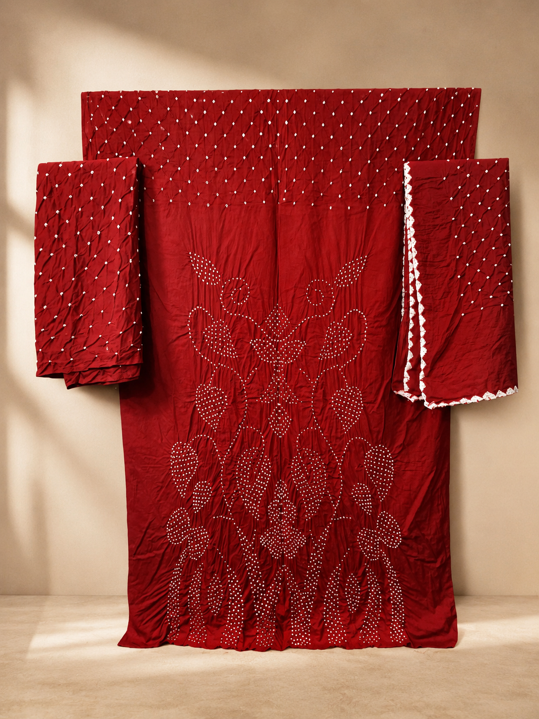 Red Raidana Design Cotton Satin Bandhani Dress Material with top, bottom and dupatta