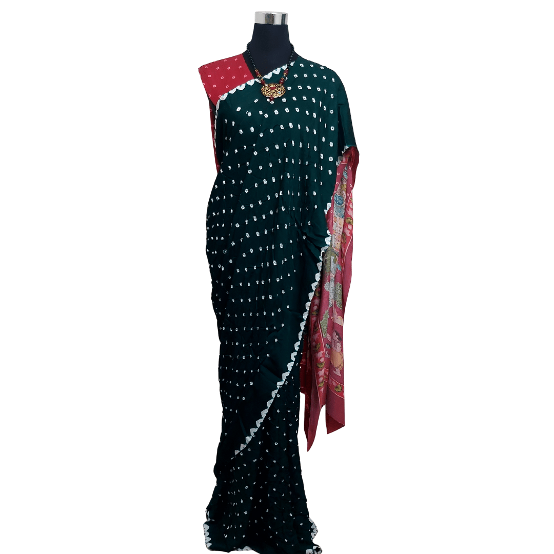 RED GREEN PICHWAI BANDHANI SAREE – Handmade Bandhani Saree in Gajji/Modal Silk | Aj Designs