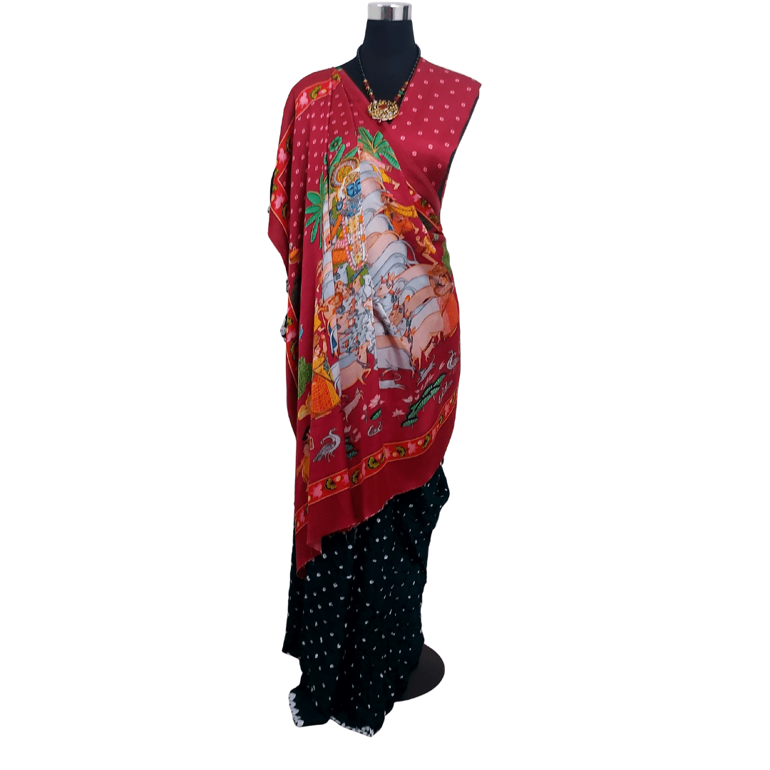 RED GREEN PICHWAI BANDHANI SAREE – Handmade Bandhani Saree in Gajji/Modal Silk | Aj Designs