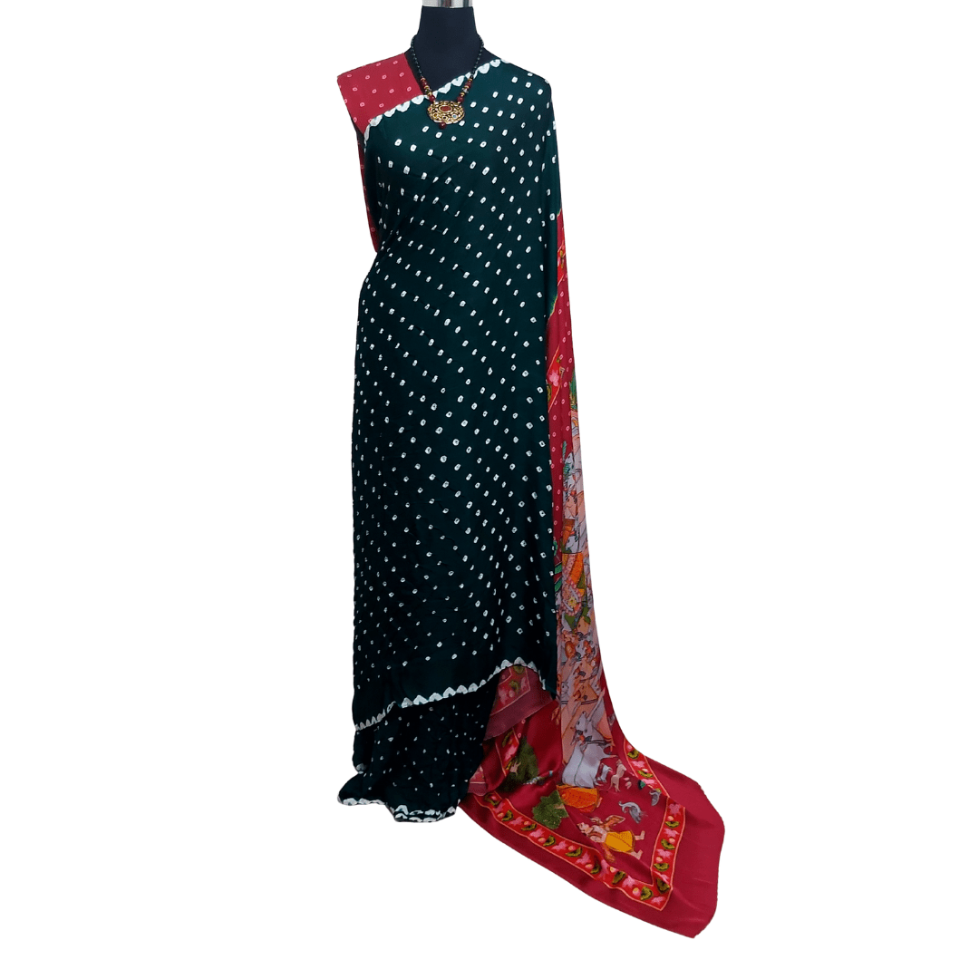 RED GREEN PICHWAI BANDHANI SAREE – Handmade Bandhani Saree in Gajji/Modal Silk | Aj Designs