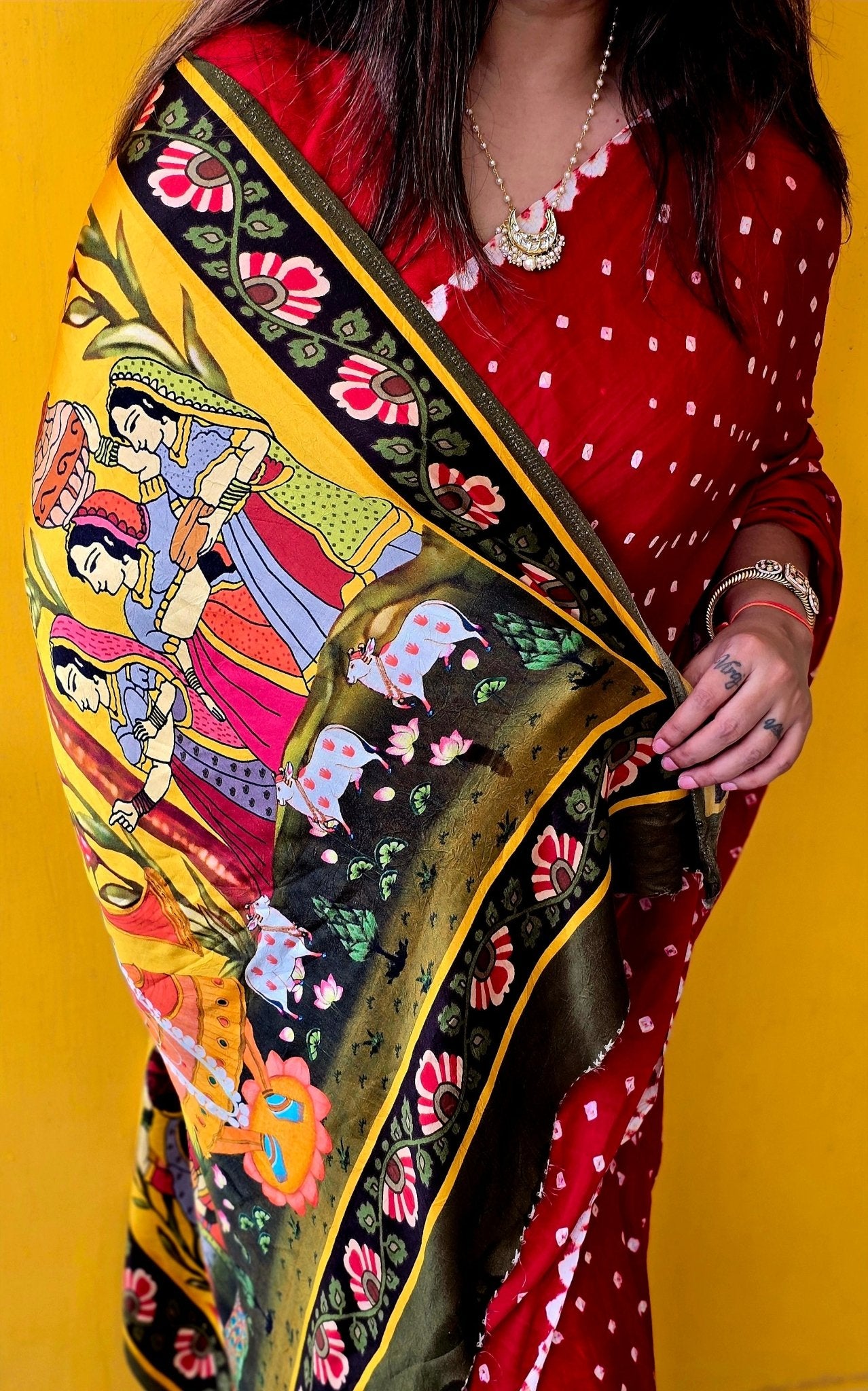 RED PICHWAI BANDHANI SAREE – Handmade Bandhani Saree in Gajji/Modal Silk | Aj Designs