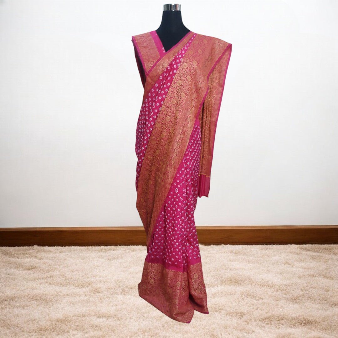Reva: Pink Dhupian Silk Kanjivaram Bandhani Saree – Handmade Bandhani Saree in Gajji/Modal Silk | Aj Designs