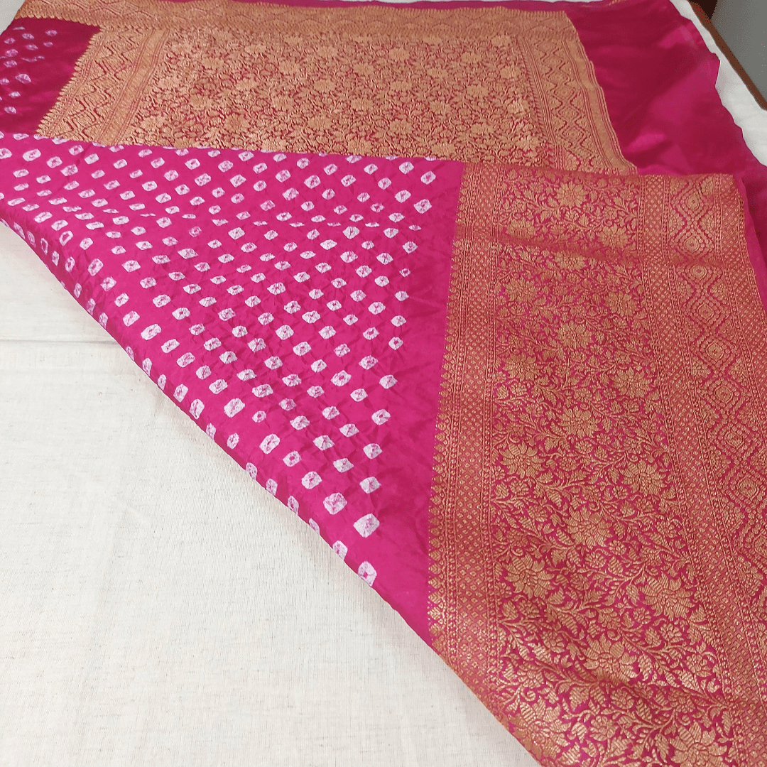 Reva: Pink Dhupian Silk Kanjivaram Bandhani Saree – Handmade Bandhani Saree in Gajji/Modal Silk | Aj Designs