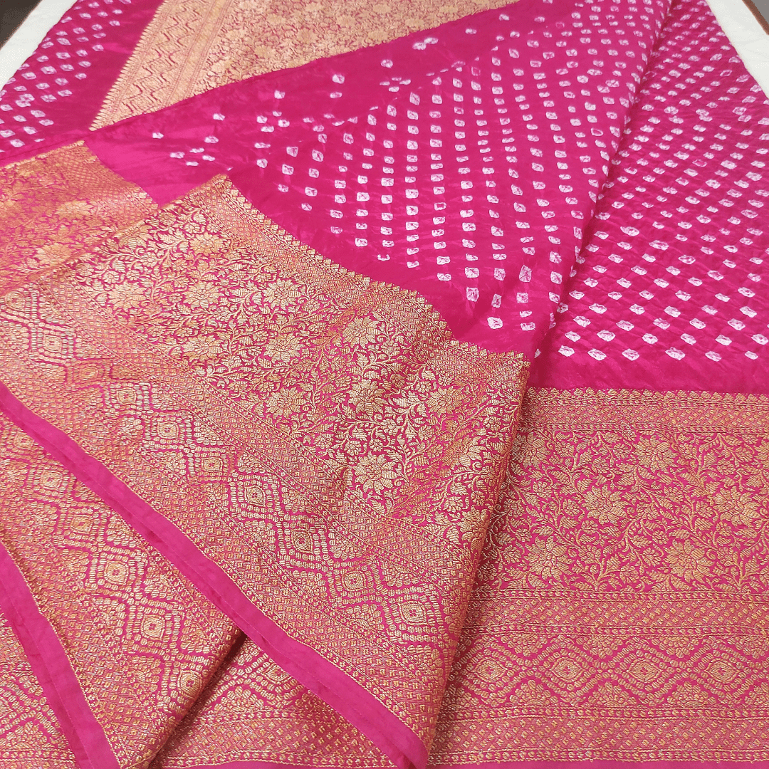 Reva: Pink Dhupian Silk Kanjivaram Bandhani Saree – Handmade Bandhani Saree in Gajji/Modal Silk | Aj Designs