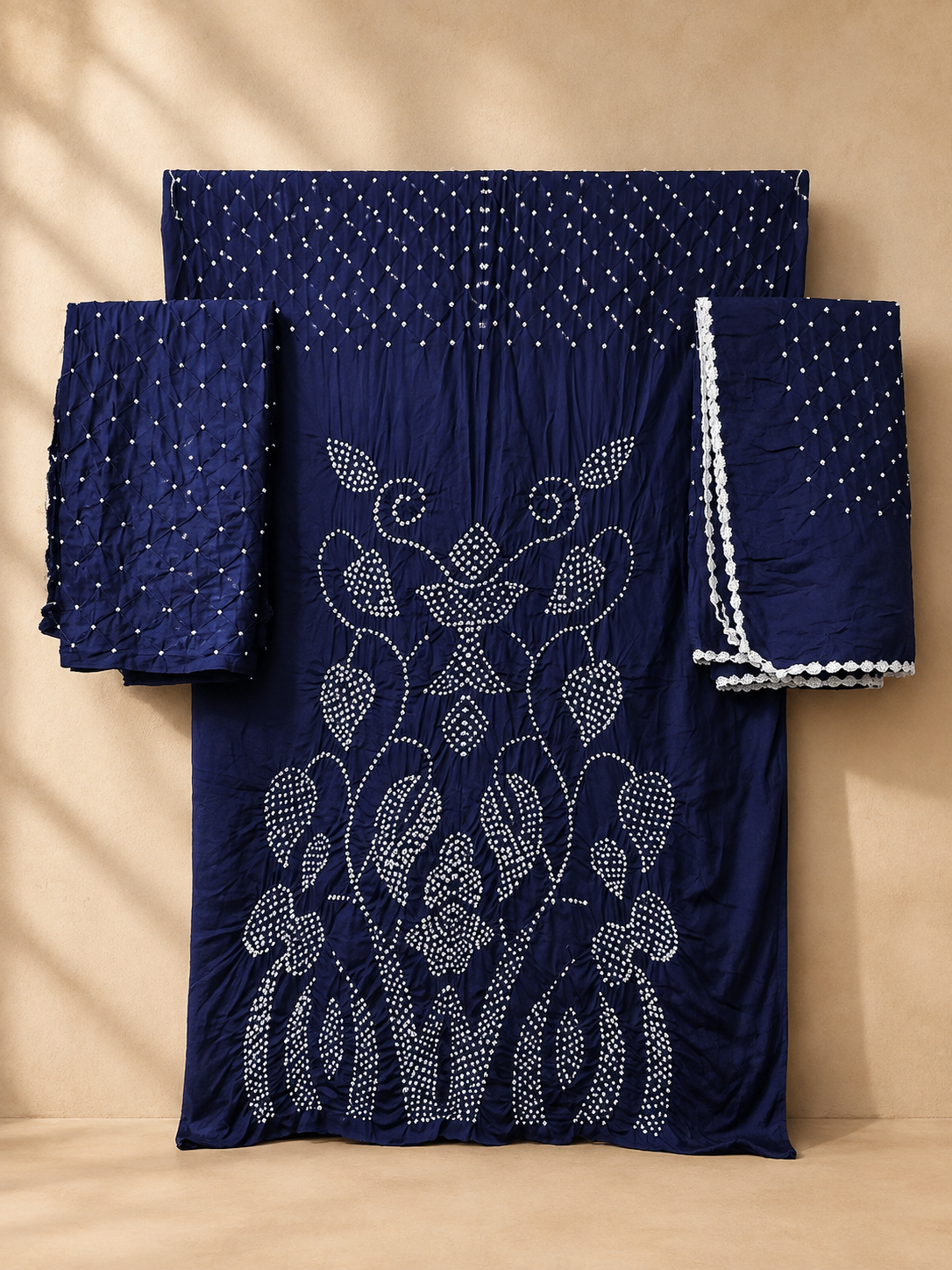 Royal Blue Raidana Design Cotton Satin Bandhani Dress Material with top, bottom and dupatta
