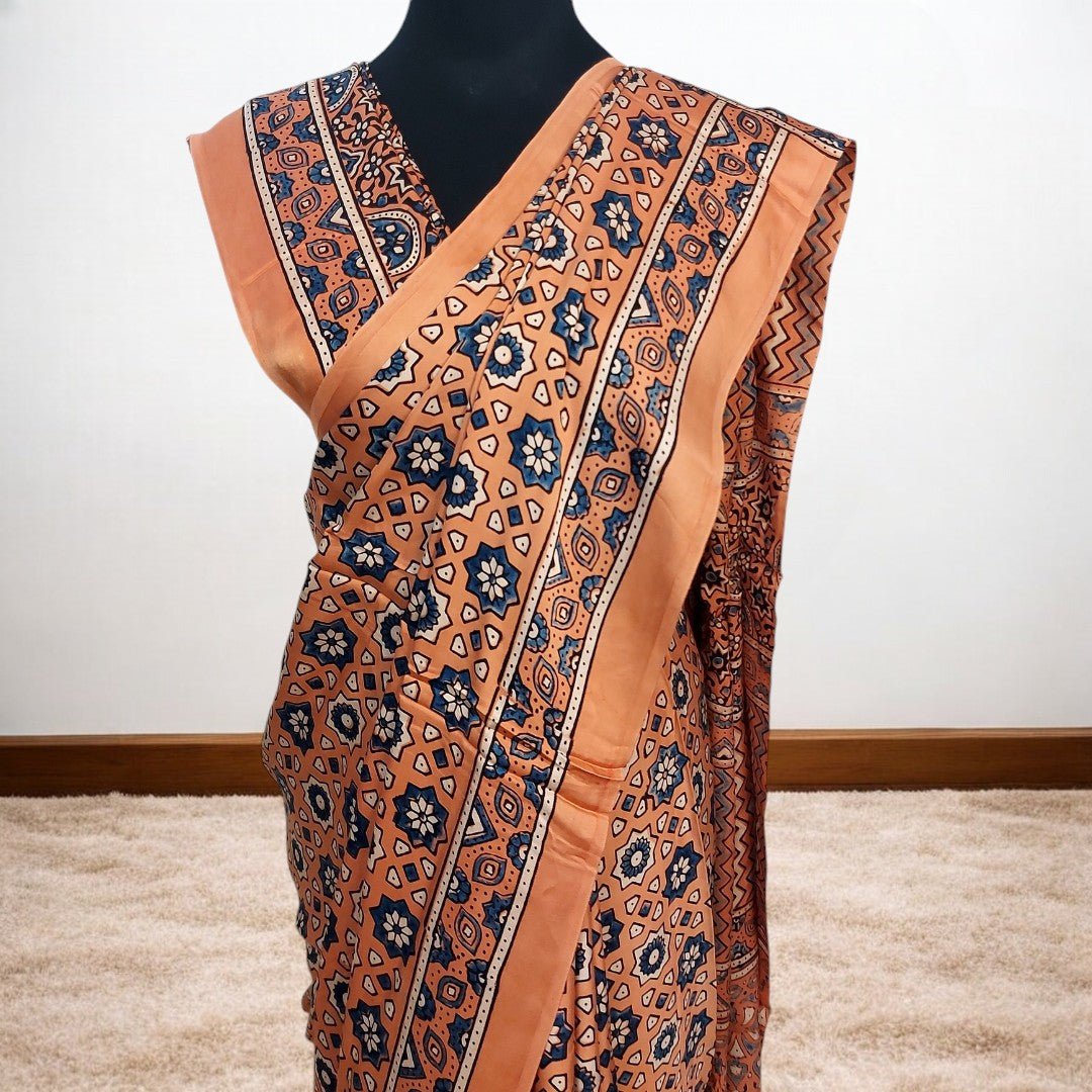 RUST AJRAKH HAND BLOCK PRINTED MODAL SILK SAREE – Handmade Bandhani Saree in Gajji/Modal Silk | Aj Designs