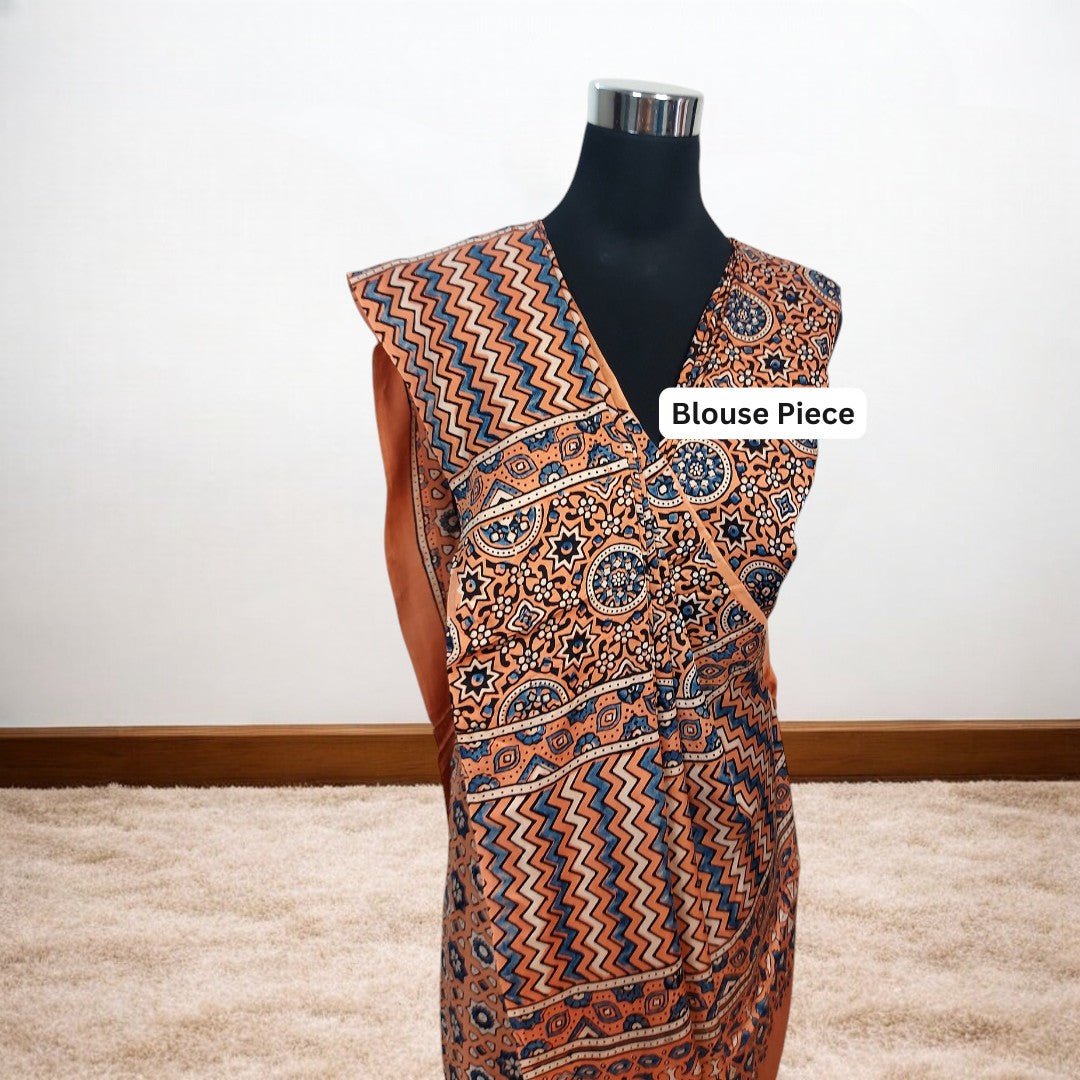 RUST AJRAKH HAND BLOCK PRINTED MODAL SILK SAREE – Handmade Bandhani Saree in Gajji/Modal Silk | Aj Designs