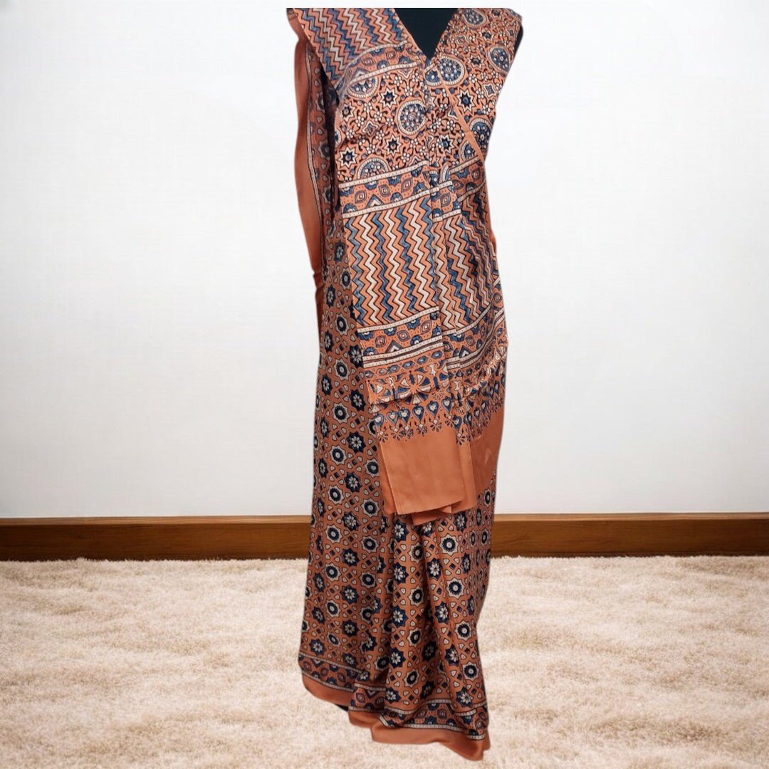 RUST AJRAKH HAND BLOCK PRINTED MODAL SILK SAREE – Handmade Bandhani Saree in Gajji/Modal Silk | Aj Designs