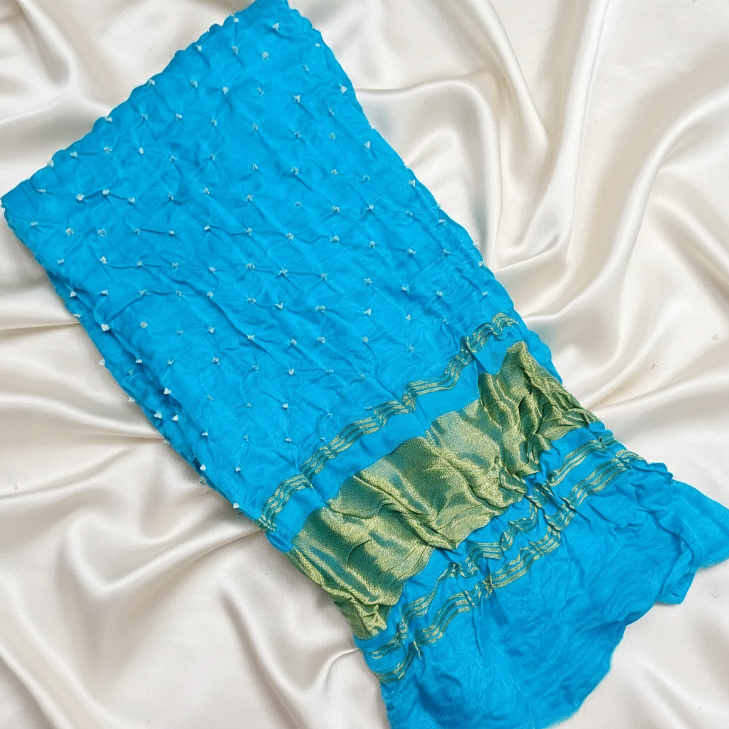 Blue fabric with golden border on a white satin background