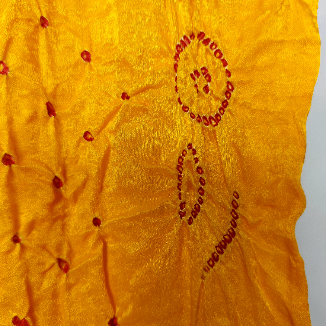 YELLOW RED - GAJJI SILK BANDHANI BLOUSE PIECE – Handmade Bandhani Saree in Gajji/Modal Silk | Aj Designs
