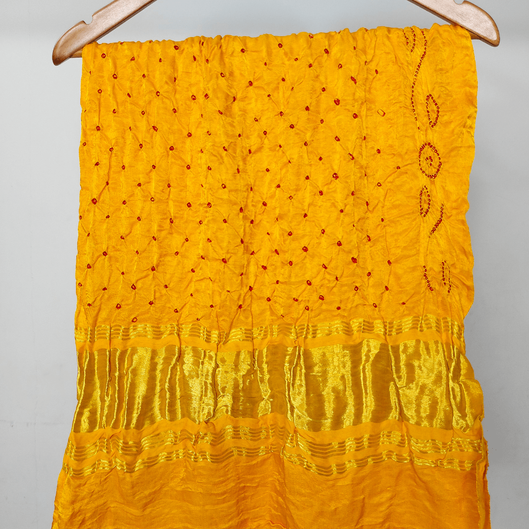 YELLOW RED - GAJJI SILK BANDHANI BLOUSE PIECE – Handmade Bandhani Saree in Gajji/Modal Silk | Aj Designs